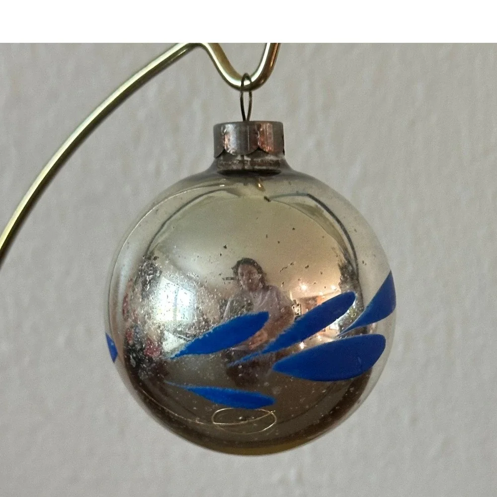 Vintage Heim Mercury Glass Christmas Ornament Blue Painted Petals Silver 2''